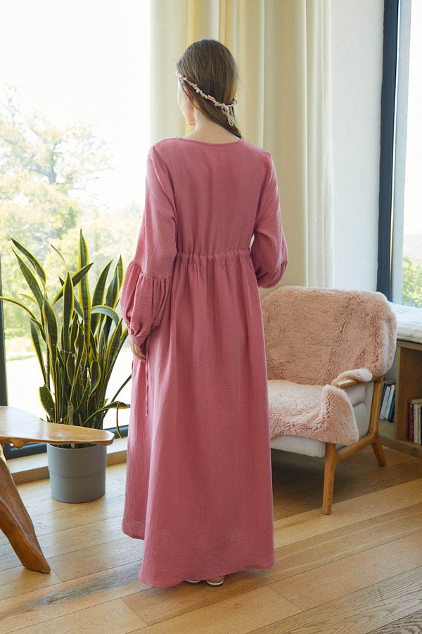 Düğmeli Müslin Elbise Pembe - 9
