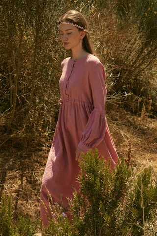 Düğmeli Müslin Elbise Pembe - 1