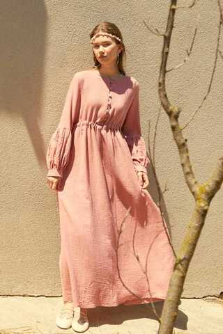Düğmeli Müslin Elbise Pembe - 2