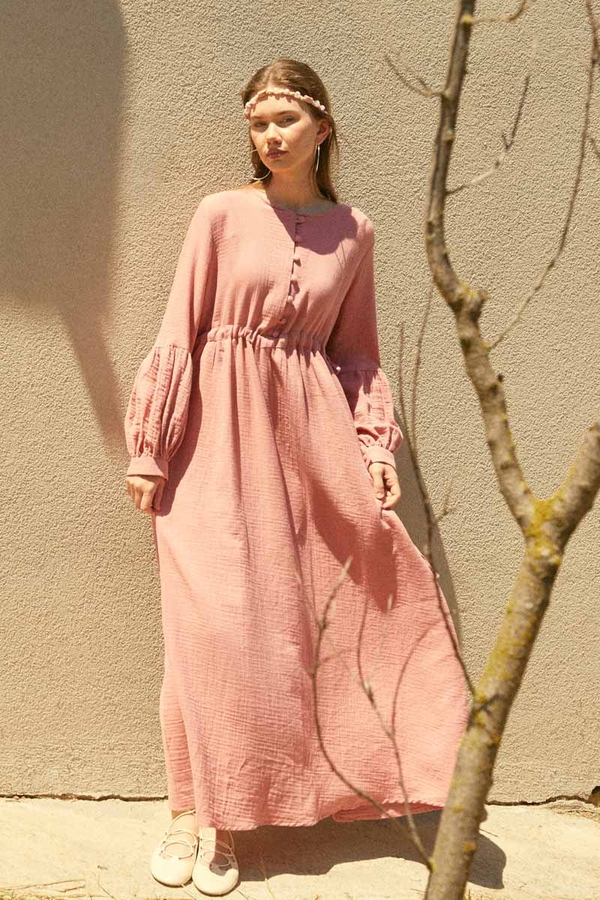 Düğmeli Müslin Elbise Pembe - 2