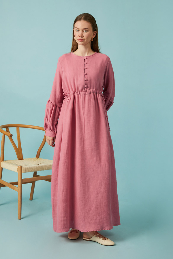 Düğmeli Müslin Elbise Pembe - 10