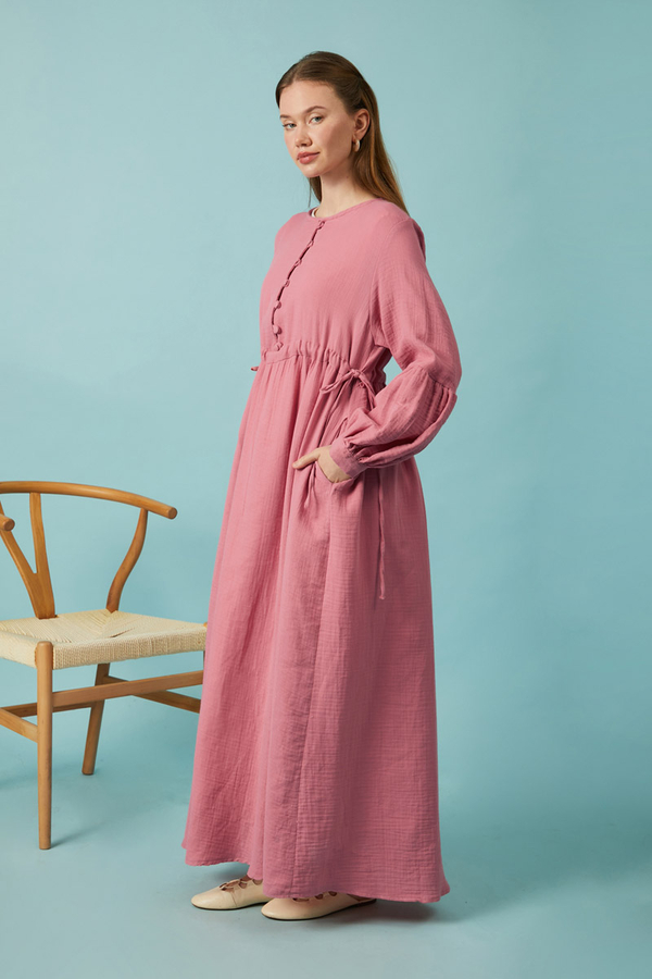 Düğmeli Müslin Elbise Pembe - 12