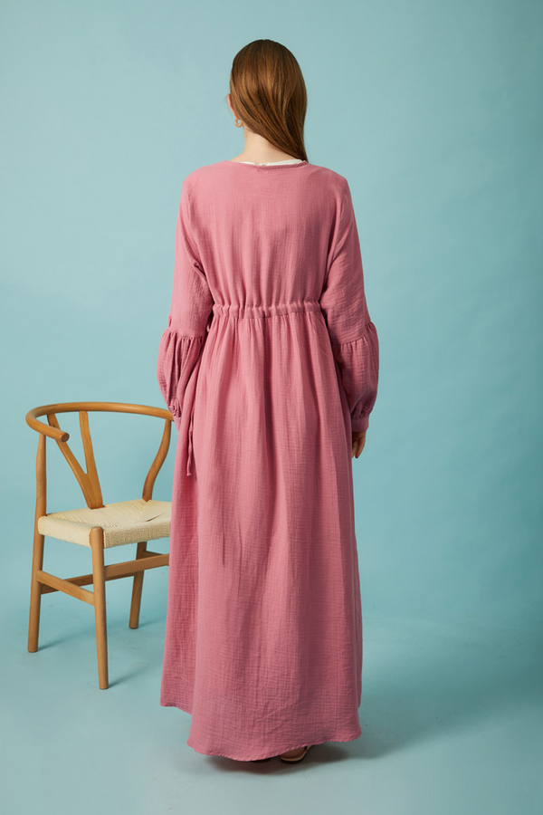 Düğmeli Müslin Elbise Pembe - 17