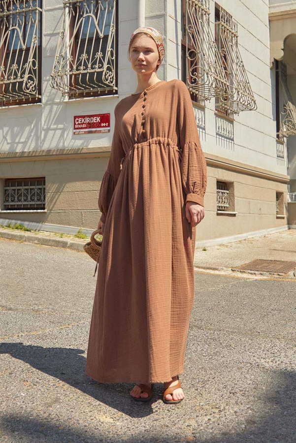 Düğmeli Müslin Elbise Tarçın - 6