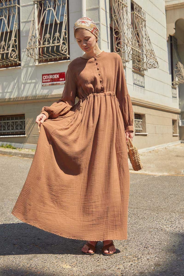 Düğmeli Müslin Elbise Tarçın - 2