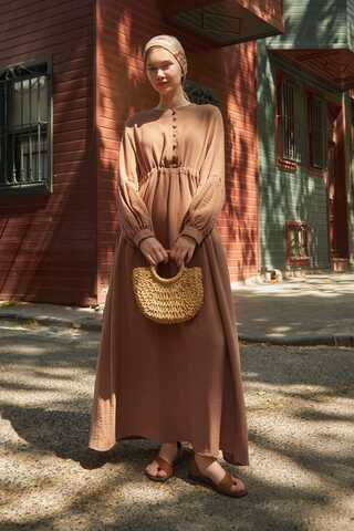 Düğmeli Müslin Elbise Tarçın - 10