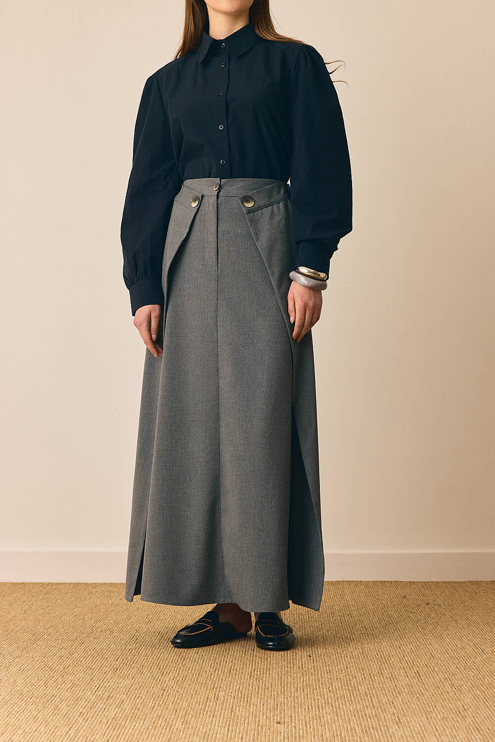 Düğmeli Poliviskon Etek Gri - 1