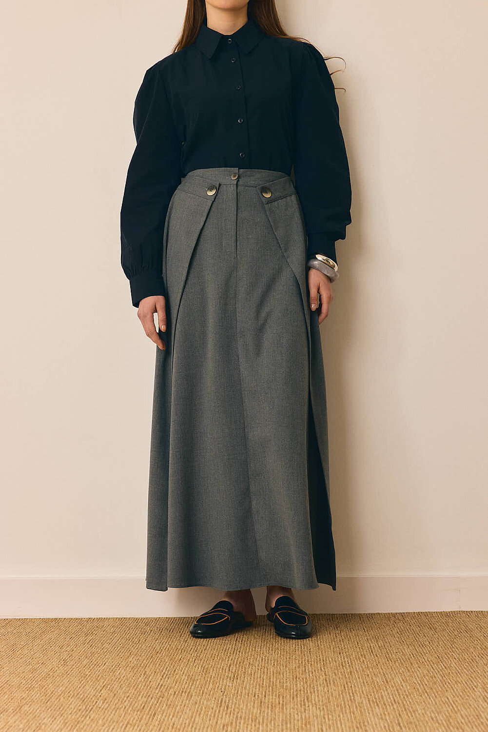 Düğmeli Poliviskon Etek Gri - 3