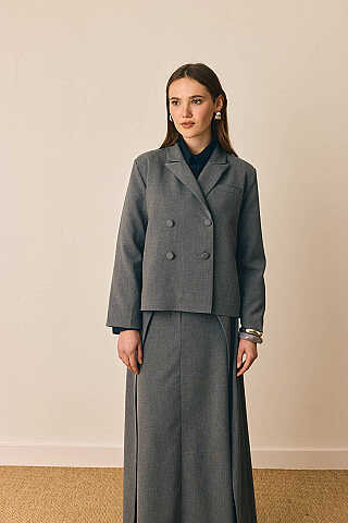 Düğmeli Poliviskon Etek Gri - 2