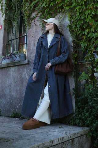 Düğmeli Salaş Denim Trençkot Koyu Mavi - 1