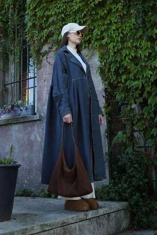 Düğmeli Salaş Denim Trençkot Koyu Mavi - 4