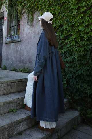 Düğmeli Salaş Denim Trençkot Koyu Mavi - 6