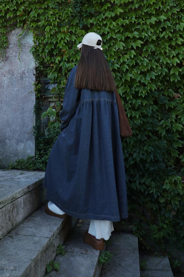 Düğmeli Salaş Denim Trençkot Koyu Mavi - 7