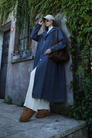 Düğmeli Salaş Denim Trençkot Koyu Mavi - 9