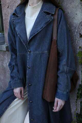 Düğmeli Salaş Denim Trençkot Koyu Mavi - 11