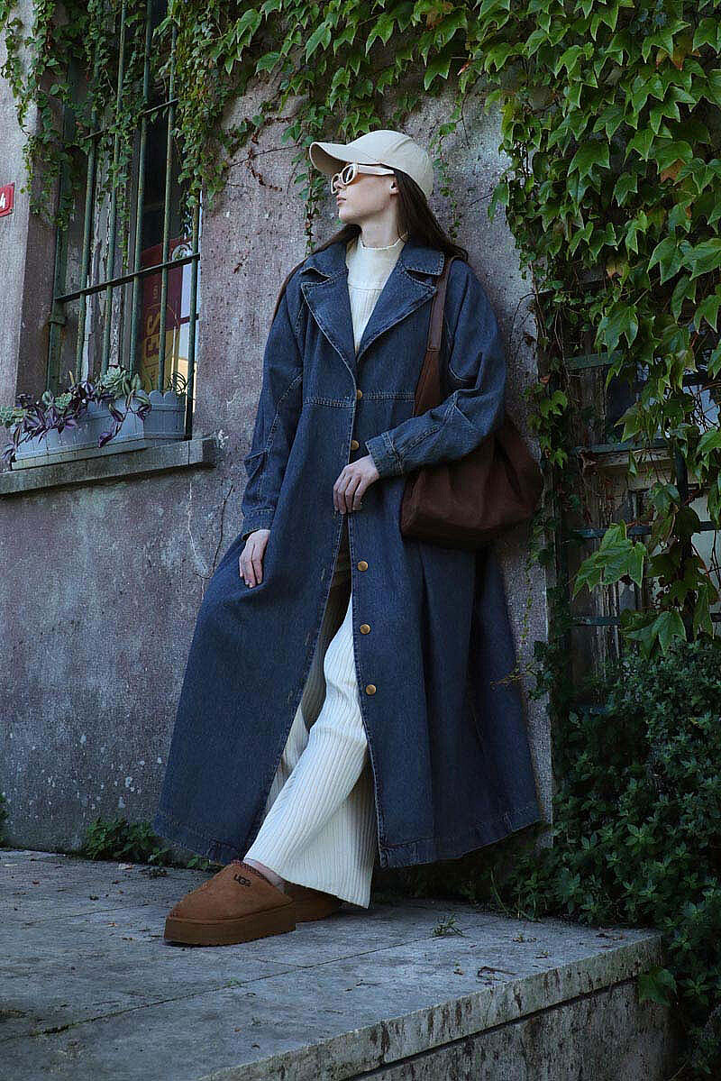 Düğmeli Salaş Denim Trençkot Koyu Mavi - 1