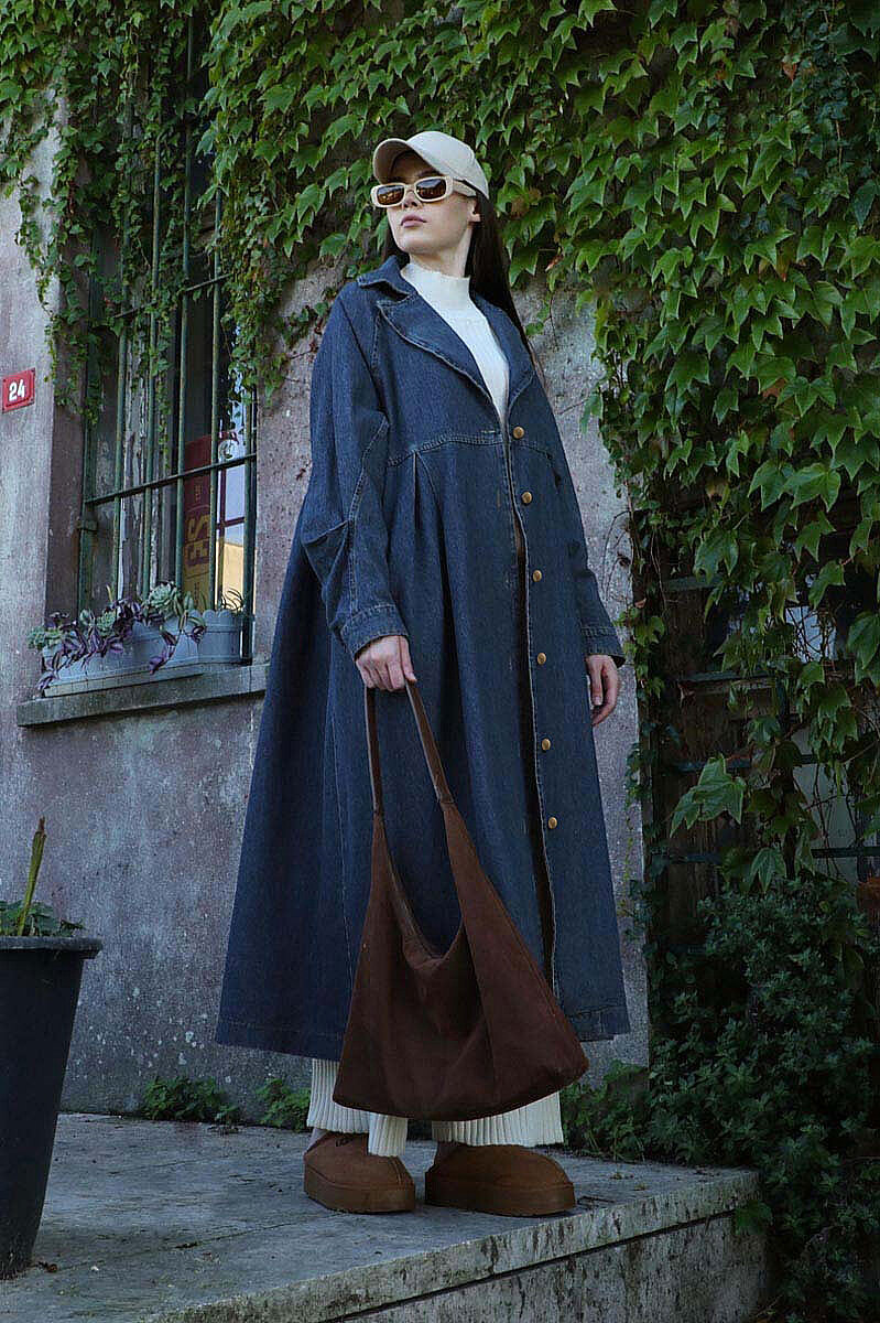 Düğmeli Salaş Denim Trençkot Koyu Mavi - 3