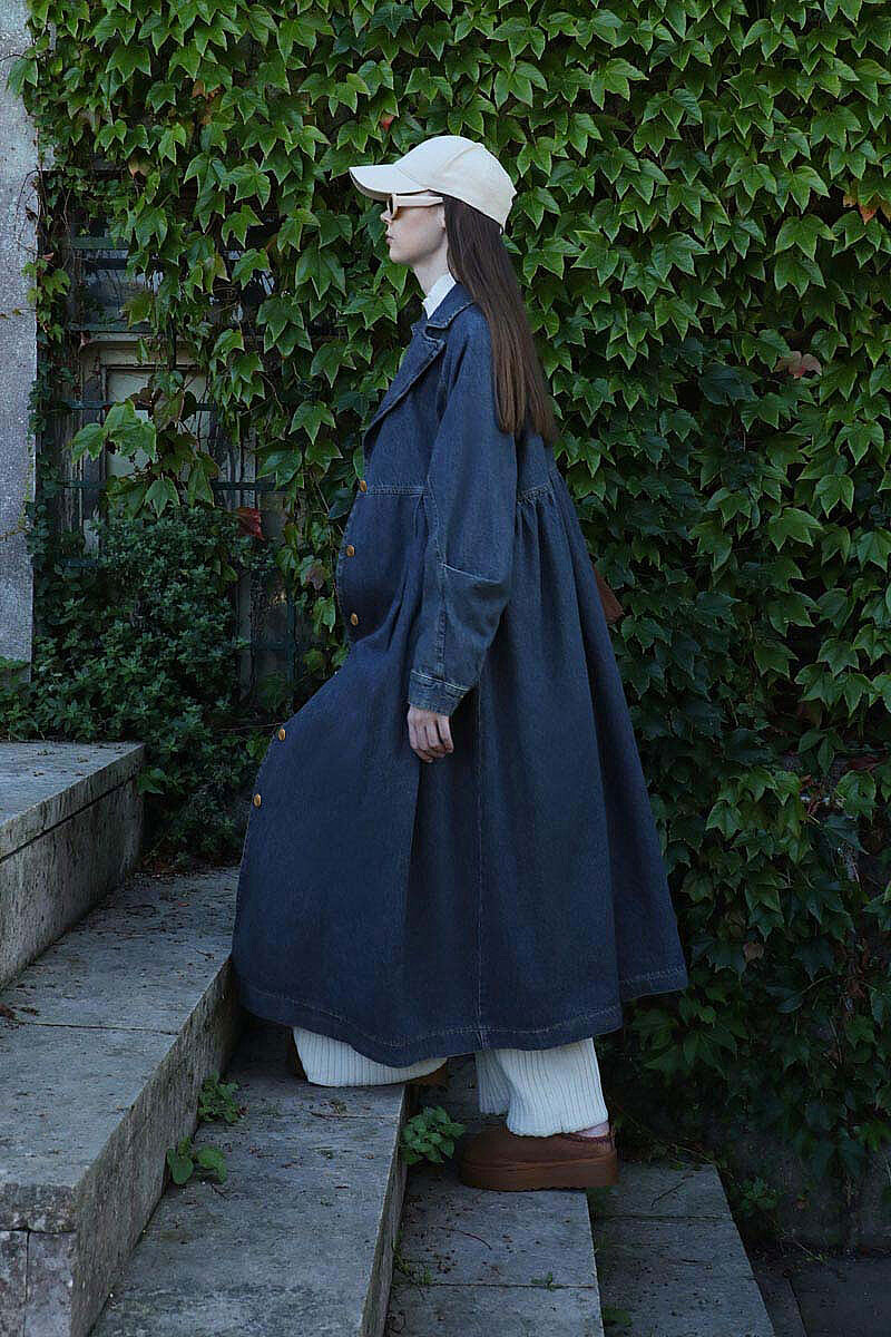 Düğmeli Salaş Denim Trençkot Koyu Mavi - 6