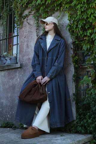 Düğmeli Salaş Denim Trençkot Koyu Mavi - 2