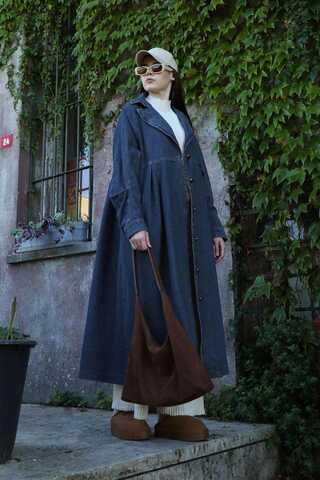 Düğmeli Salaş Denim Trençkot Koyu Mavi - 3