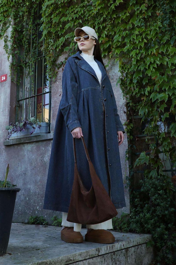 Düğmeli Salaş Denim Trençkot Koyu Mavi - 3