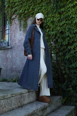 Düğmeli Salaş Denim Trençkot Koyu Mavi - 5