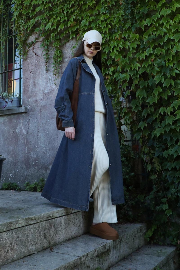 Düğmeli Salaş Denim Trençkot Koyu Mavi - 5