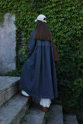 Düğmeli Salaş Denim Trençkot Koyu Mavi - 7