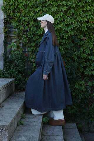 Düğmeli Salaş Denim Trençkot Koyu Mavi - 8