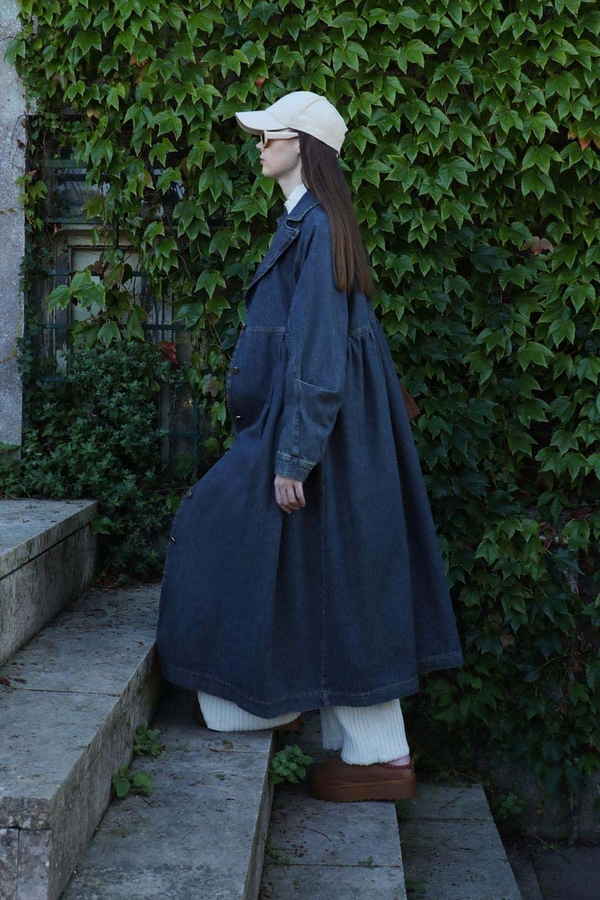 Düğmeli Salaş Denim Trençkot Koyu Mavi - 8