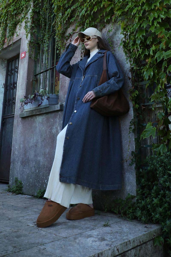 Düğmeli Salaş Denim Trençkot Koyu Mavi - 9