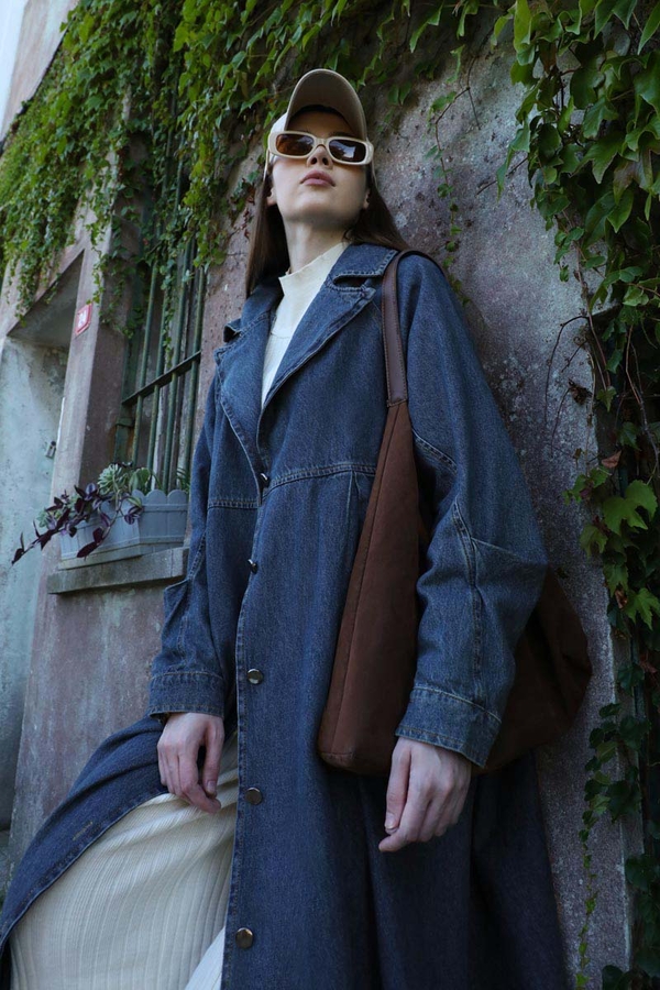 Düğmeli Salaş Denim Trençkot Koyu Mavi - 10
