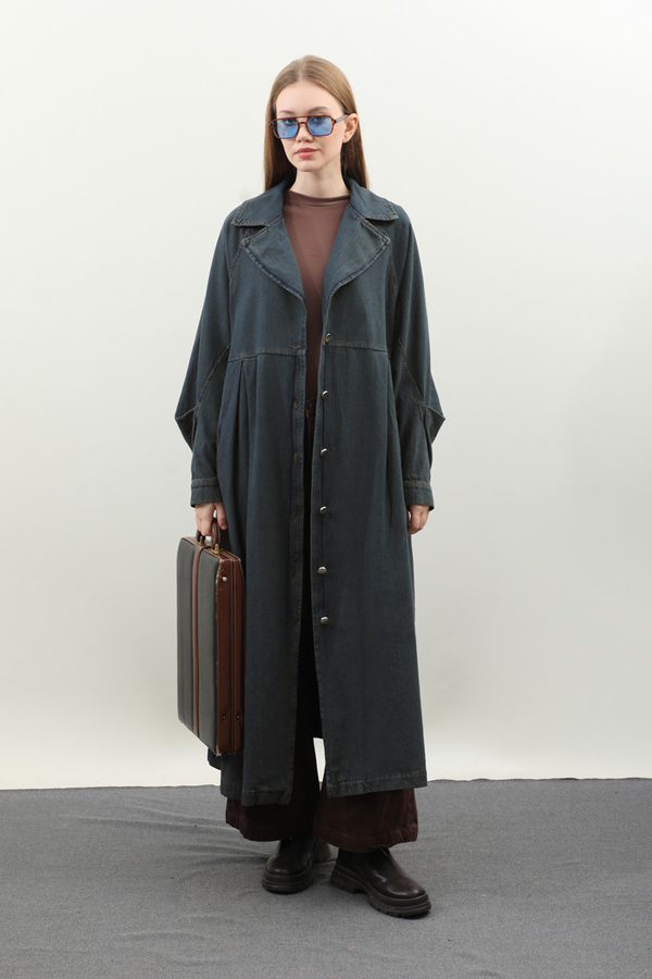 Düğmeli Salaş Denim Trençkot Koyu Mavi - 12