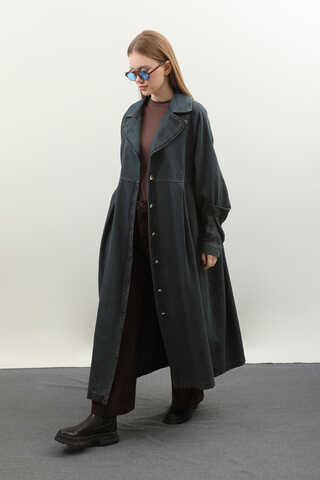 Düğmeli Salaş Denim Trençkot Koyu Mavi - 13