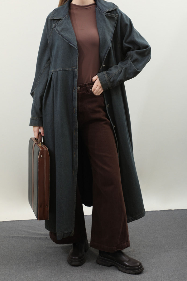 Düğmeli Salaş Denim Trençkot Koyu Mavi - 14