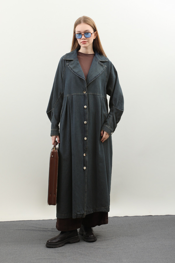 Düğmeli Salaş Denim Trençkot Koyu Mavi - 15