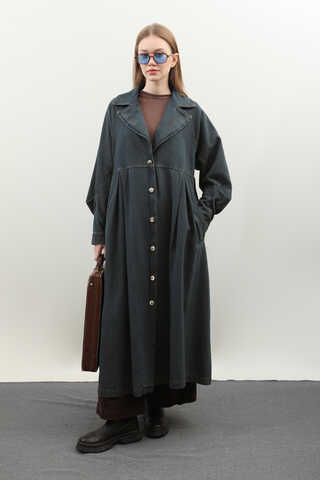 Düğmeli Salaş Denim Trençkot Koyu Mavi - 16