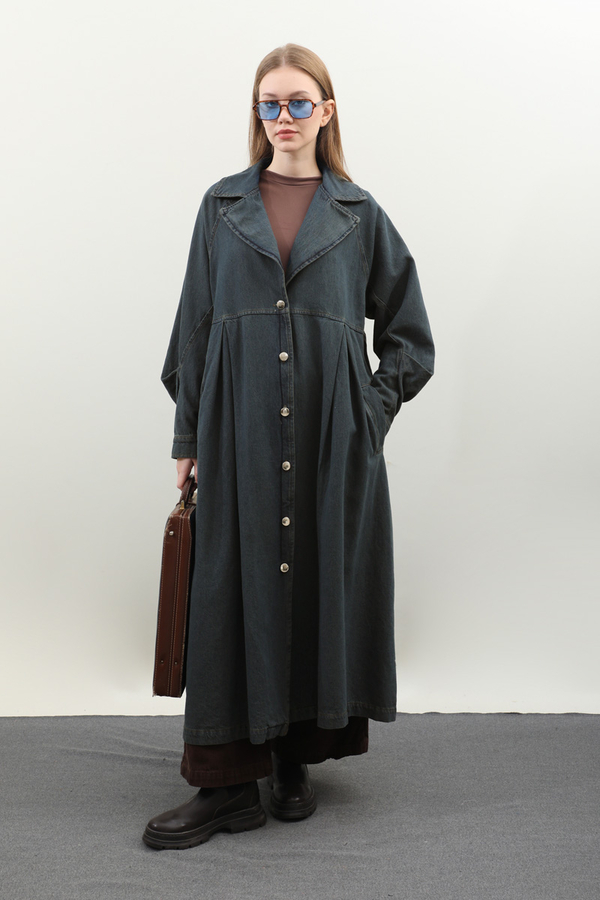 Düğmeli Salaş Denim Trençkot Koyu Mavi - 16