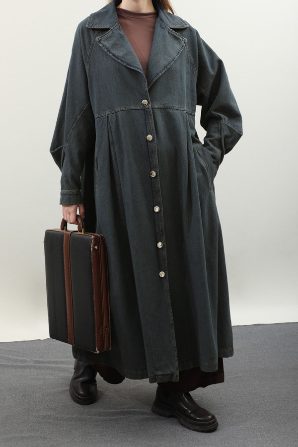 Düğmeli Salaş Denim Trençkot Koyu Mavi - 17