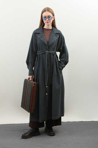 Düğmeli Salaş Denim Trençkot Koyu Mavi - 18