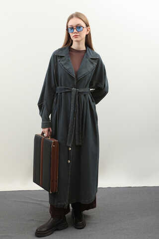 Düğmeli Salaş Denim Trençkot Koyu Mavi - 19