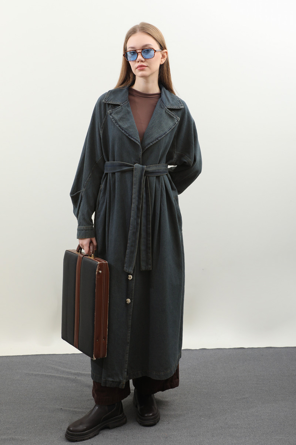 Düğmeli Salaş Denim Trençkot Koyu Mavi - 19