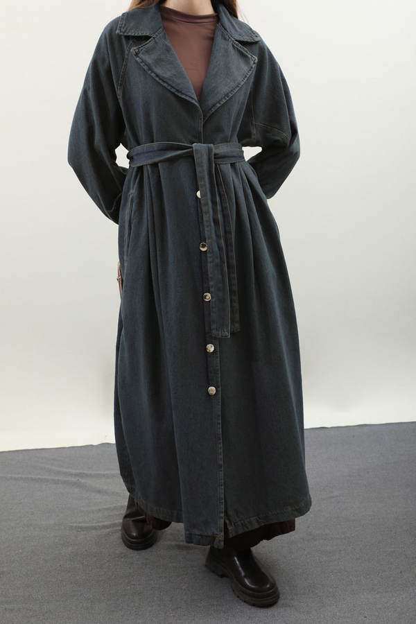 Düğmeli Salaş Denim Trençkot Koyu Mavi - 20