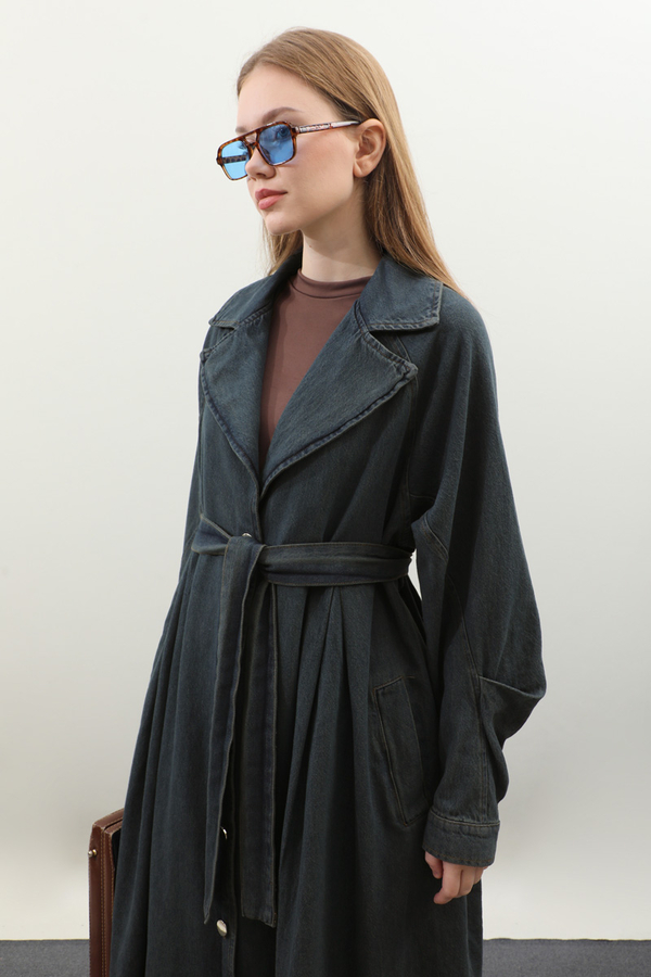 Düğmeli Salaş Denim Trençkot Koyu Mavi - 21