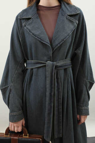 Düğmeli Salaş Denim Trençkot Koyu Mavi - 22