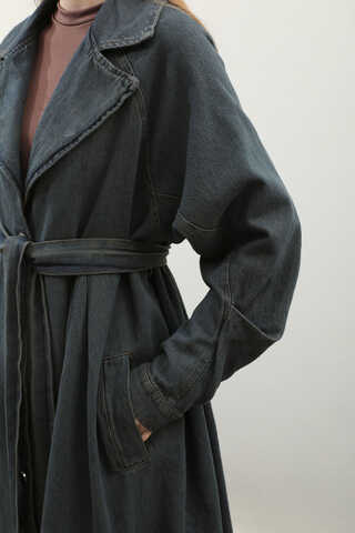 Düğmeli Salaş Denim Trençkot Koyu Mavi - 23