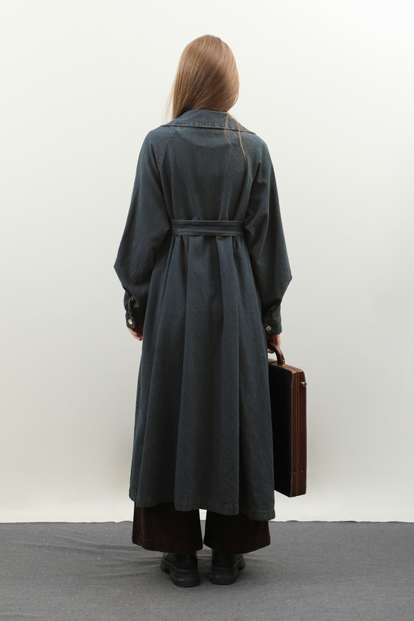 Düğmeli Salaş Denim Trençkot Koyu Mavi - 24