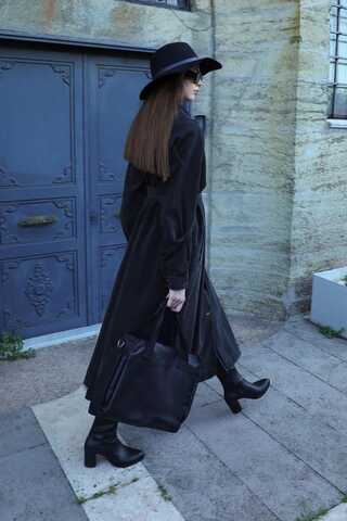 Düğmeli Salaş Denim Trençkot Siyah - 4