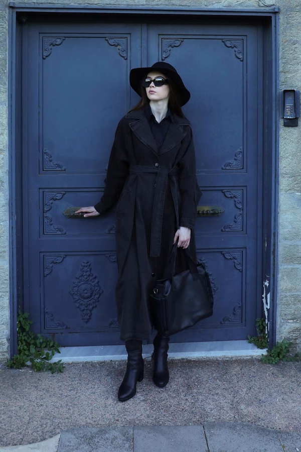 Düğmeli Salaş Denim Trençkot Siyah - 5