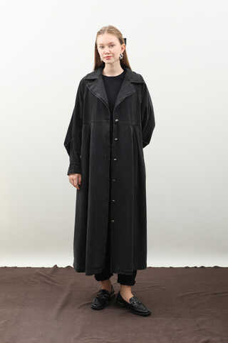 Düğmeli Salaş Denim Trençkot Siyah - 7